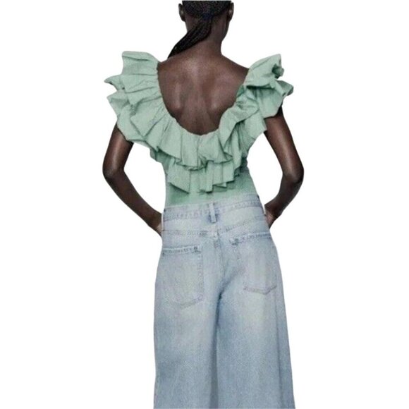 Zara Forest Fairy Bodysuit Size M Ruffle Coquette Feminine Dainty Festival Green - Picture 4 of 12